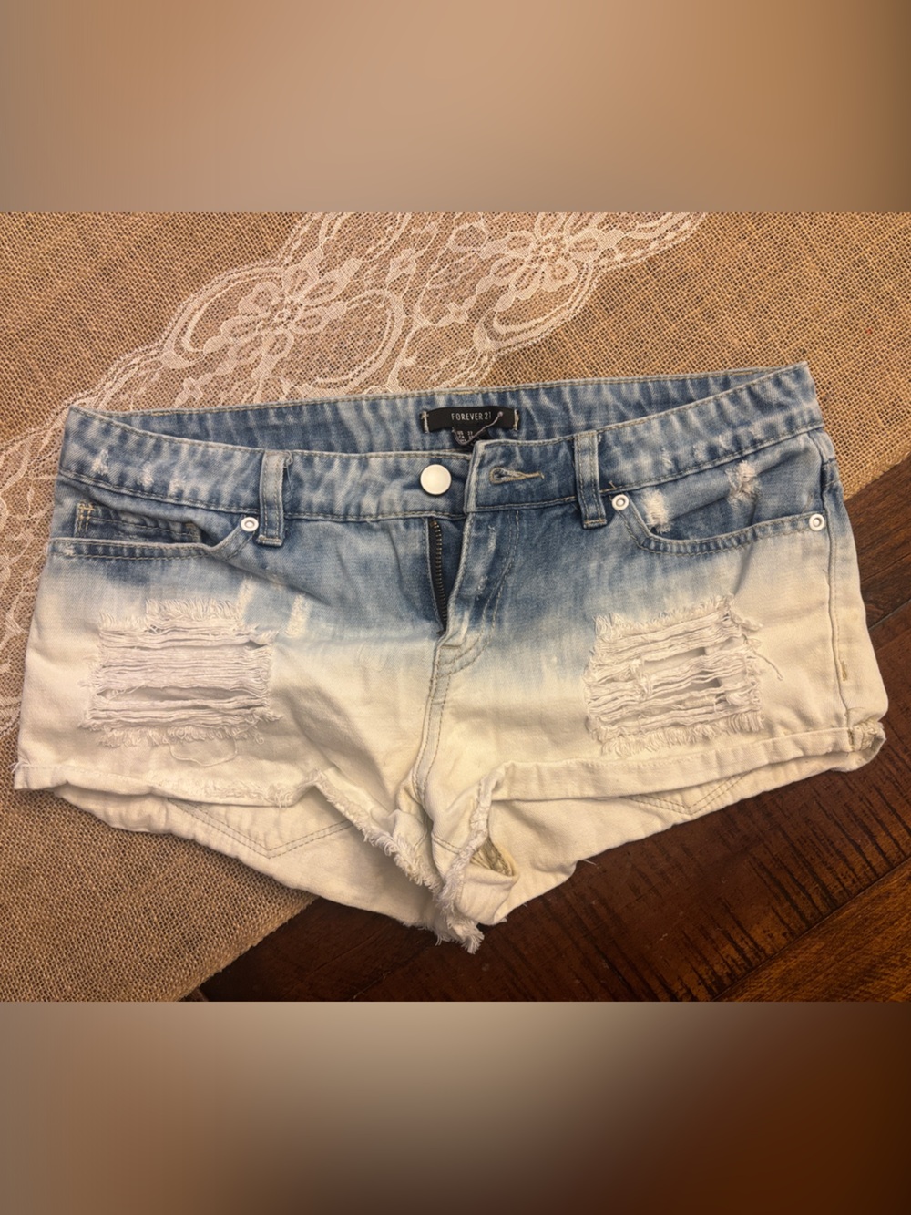 Forever 21 Blue and White Ombre Distressed Denim Shorts